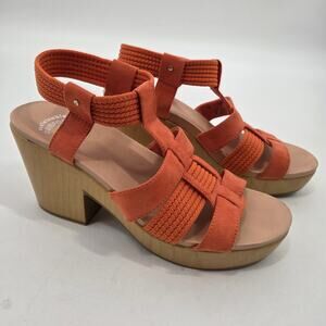 Dr Scholls Blossom Heeled Ankle Strap Sandals Size 10M Orange Faux Suede